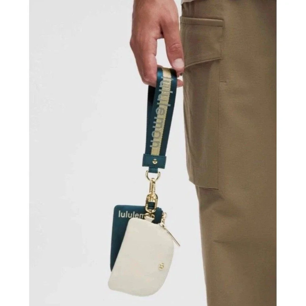 Lululemon Dual Pouch Wristlet Wallet Keychain Wordmark Warp Teal,Gold, Bone NWT